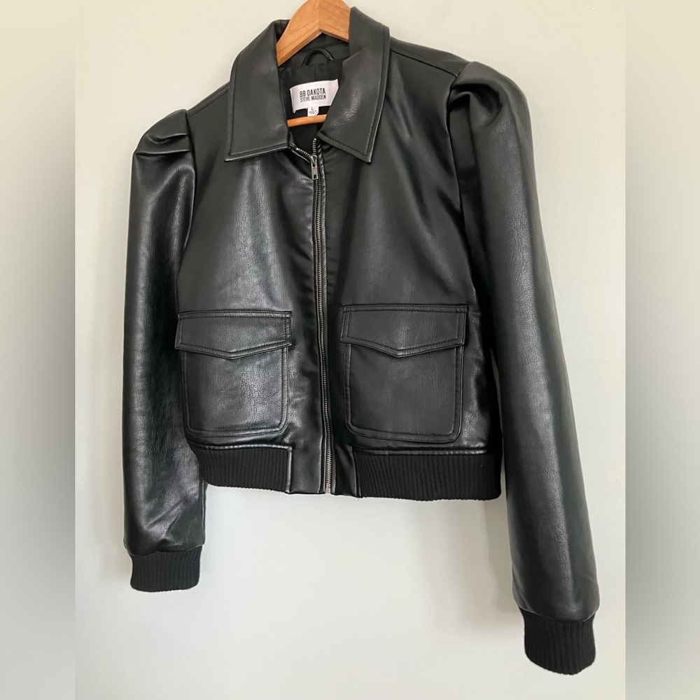 BB DAKOTA Steve Madden Black Faux Leather Puff Sleeve Bomber Jacket Size L - Picture 5 of 11